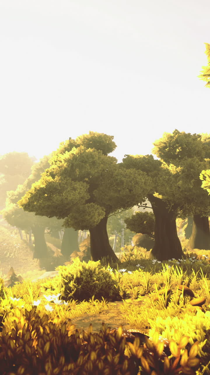 Golden sunlight filters through lush trees in a serene forest landscape