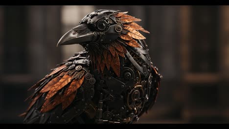 a stunning mechanical raven crafted from intricate gears, nuts, and leaves, showcasing a unique blend of nature and steampunk aesthetics in a captivating close-up