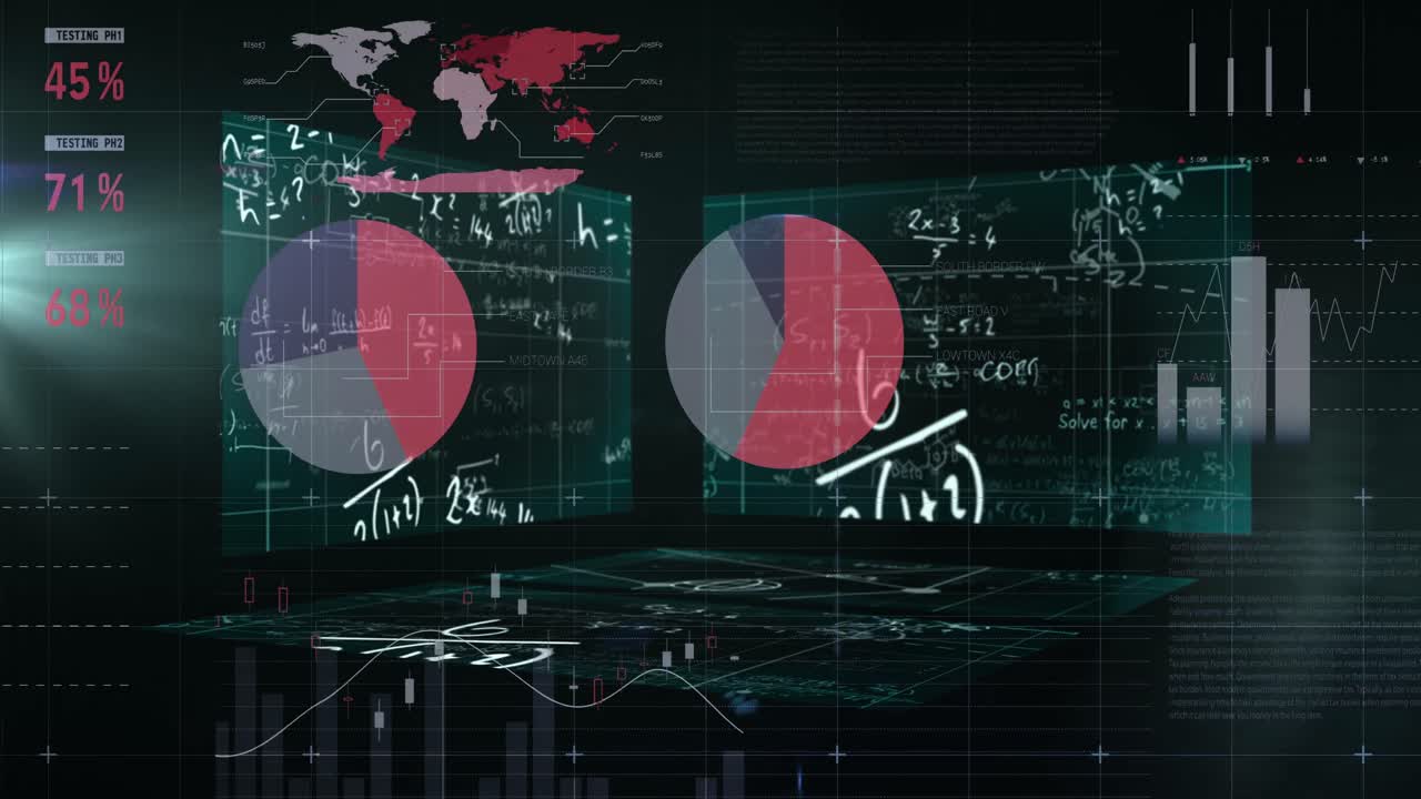 Pemrosesan data statistik terhadap layar-layar dengan persamaan matematika di latar belakang hitam