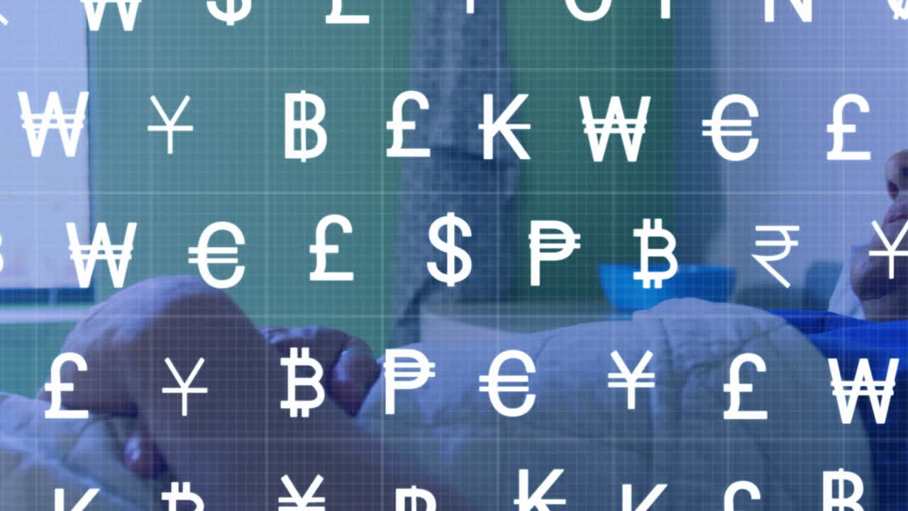 Mature man lying on bed, interacting with financial grid displaying floating currency symbols