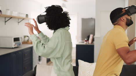 Gaming,-virtual-reality-and-couple-with-headset