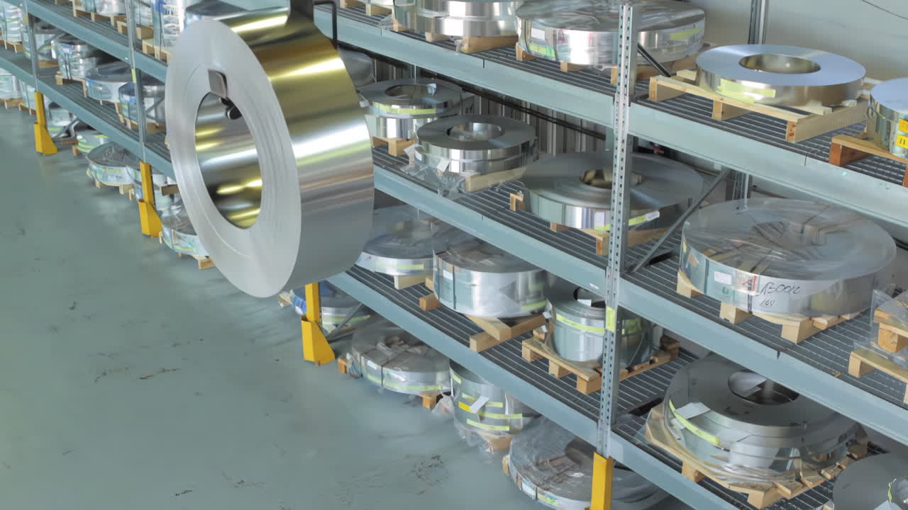 Industrial transportation shipping logistic and manufacturing concept, carrying a large aluminum steel copper roll or metal coil being lifted by crane in warehouse environment