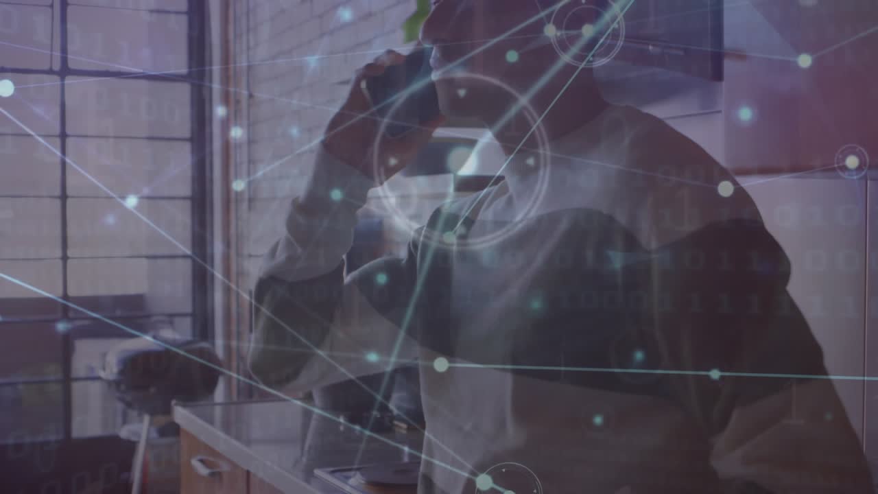 Animation of financial data processing over man using smartphone