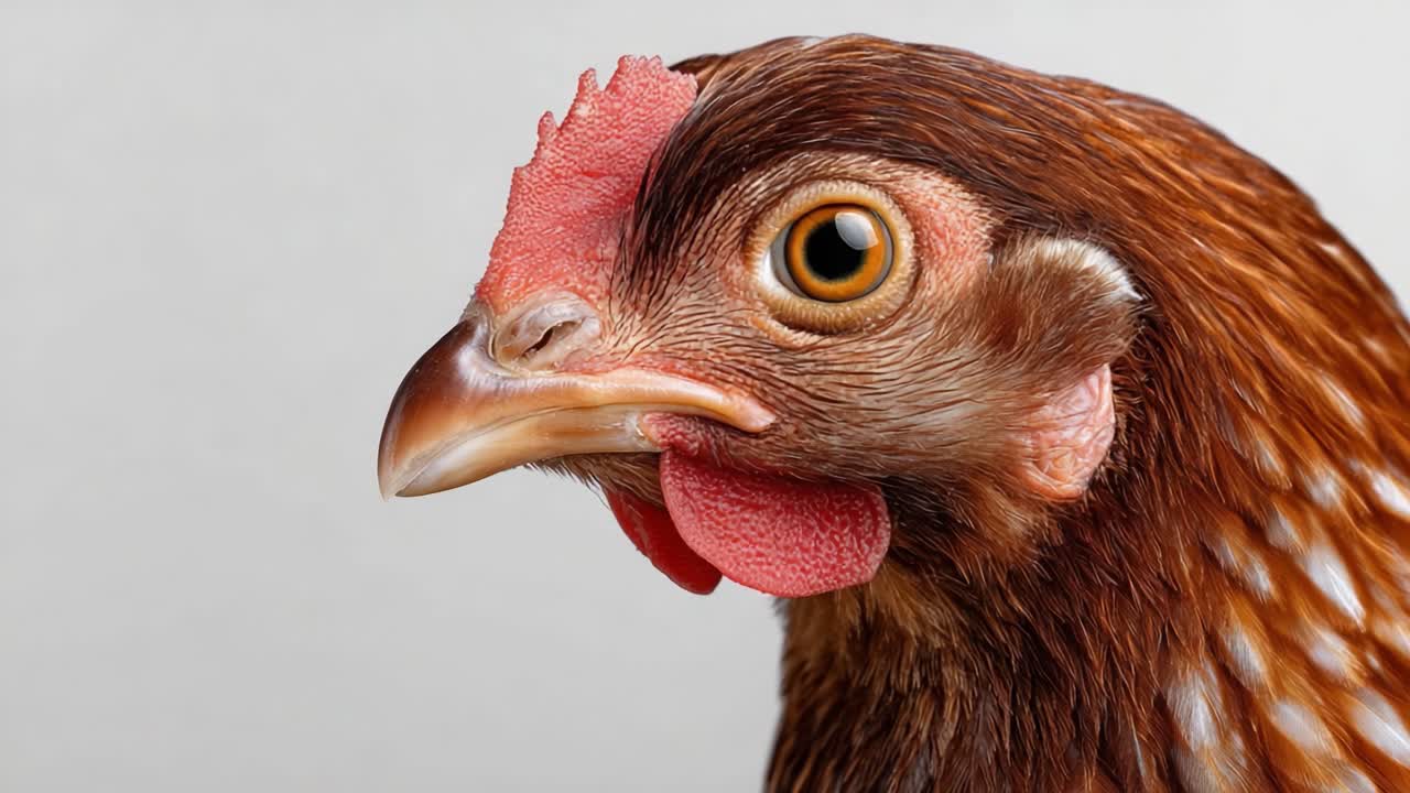 Detailed Close-up of a Chicken's Head Capturing Its Unique Features and Characteristics, Showcasing Its Eye, Feather Texture, and Facial Structure in a Subtle Background