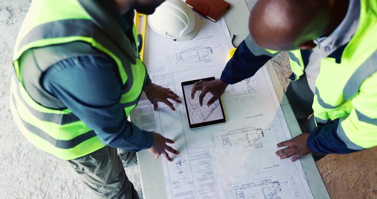 Construction Engineers Reviewing Blueprints and Tablet on Site
