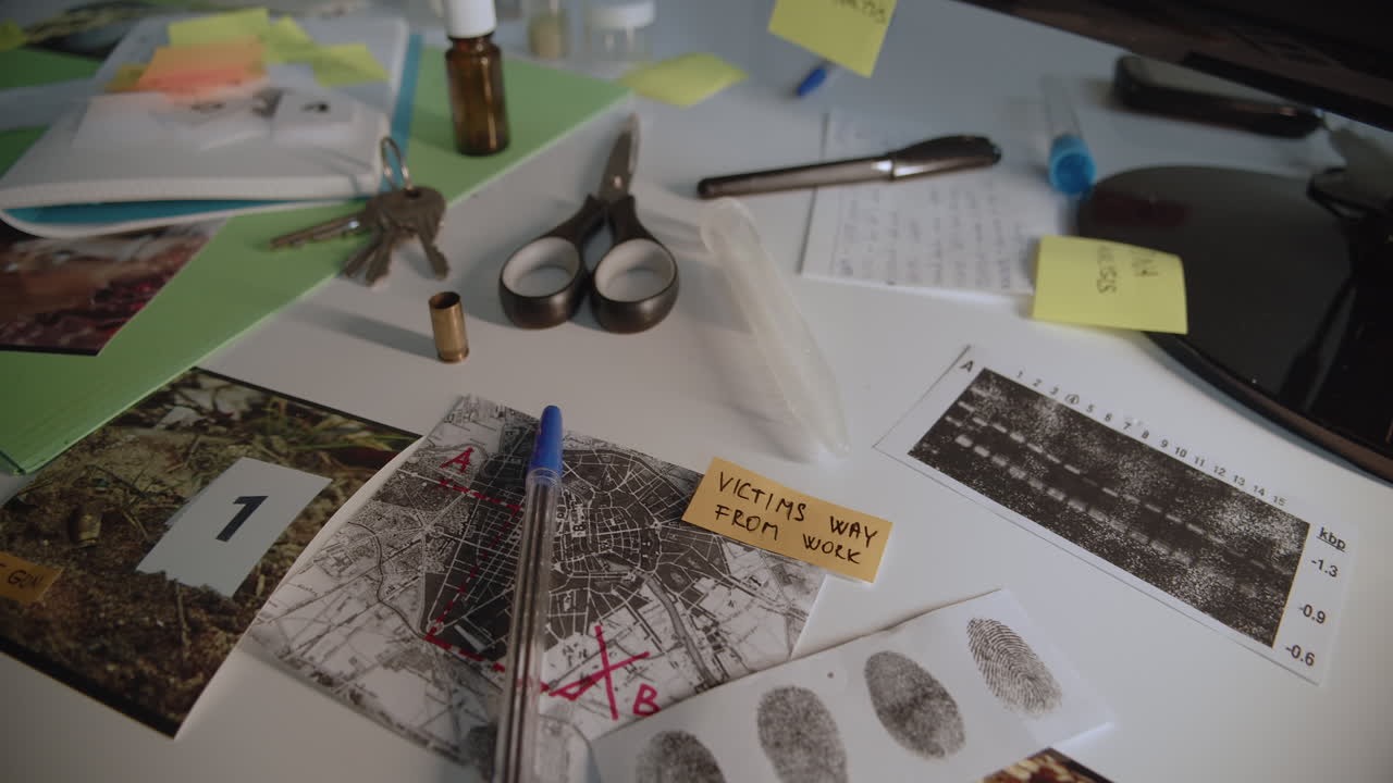 Camera slowly reveals documents, photos, fingerprints, analysis and other evidence lying on the detective's desk or table