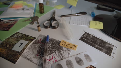 camera slowly reveals documents, photos, fingerprints, analysis and other evidence lying on the detective's desk or table