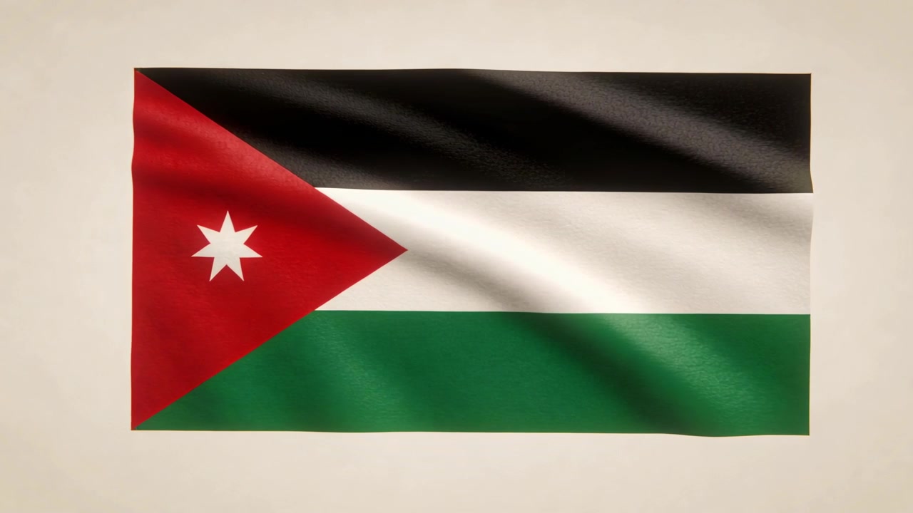 Bandeira nacional da Jordânia ondulando com dobras em movimento em fundo de estúdio, acionada por uma brisa suave.