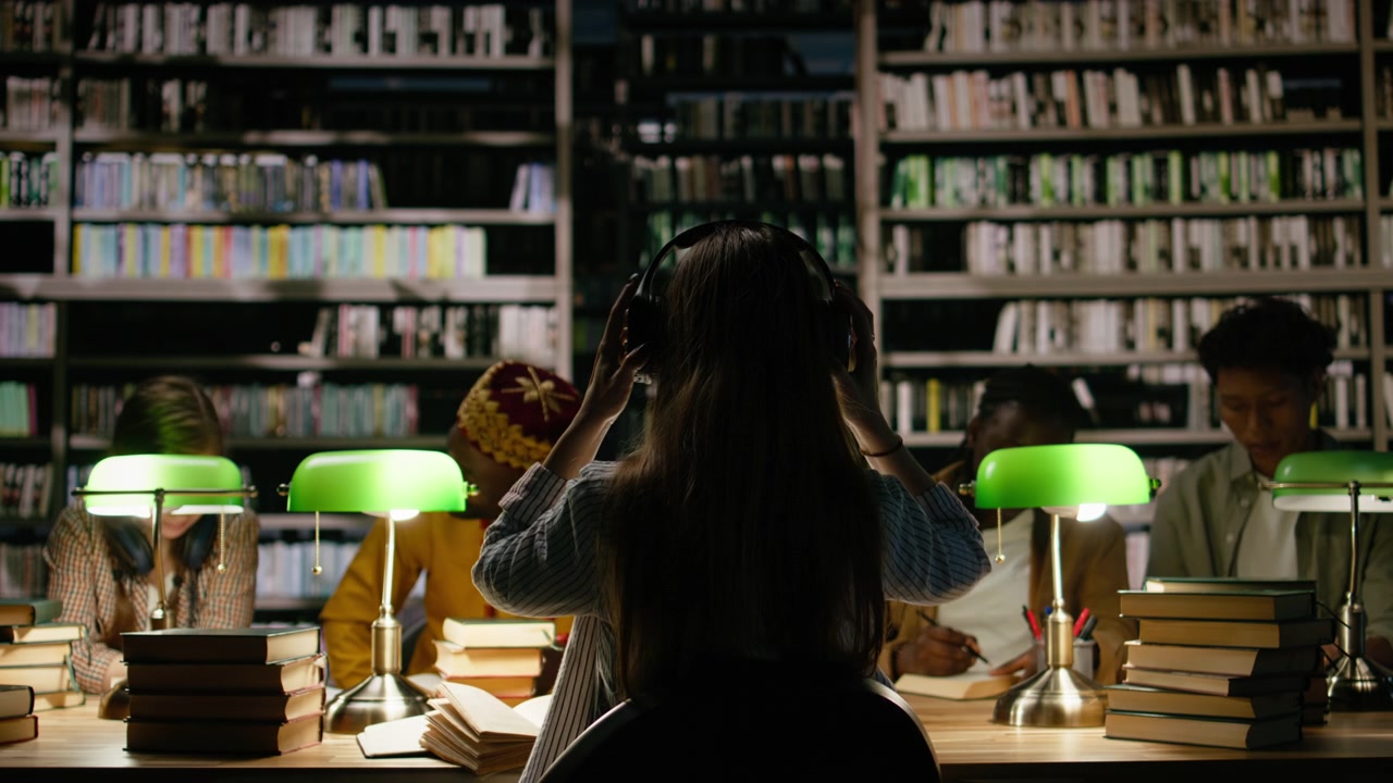 Back view of young woman with headphones seated at quiet library table
