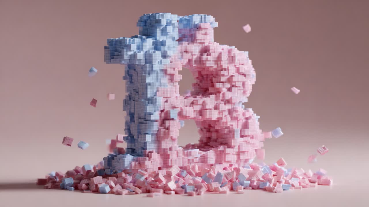 A Colorful Collapse: Exploring the Visual Journey of Interlocking Cubes in Soft Pink and Blue Creating a Striking Abstract Shape Transition