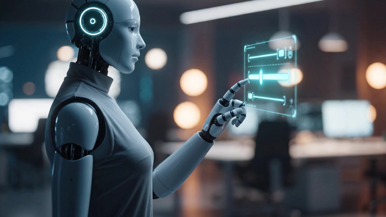 Futuristic Robot Engaged with Interactive Holographic Interface in Modern Workspace Environment, Showcasing Advanced Technology and Artificial Intelligence Capabilities