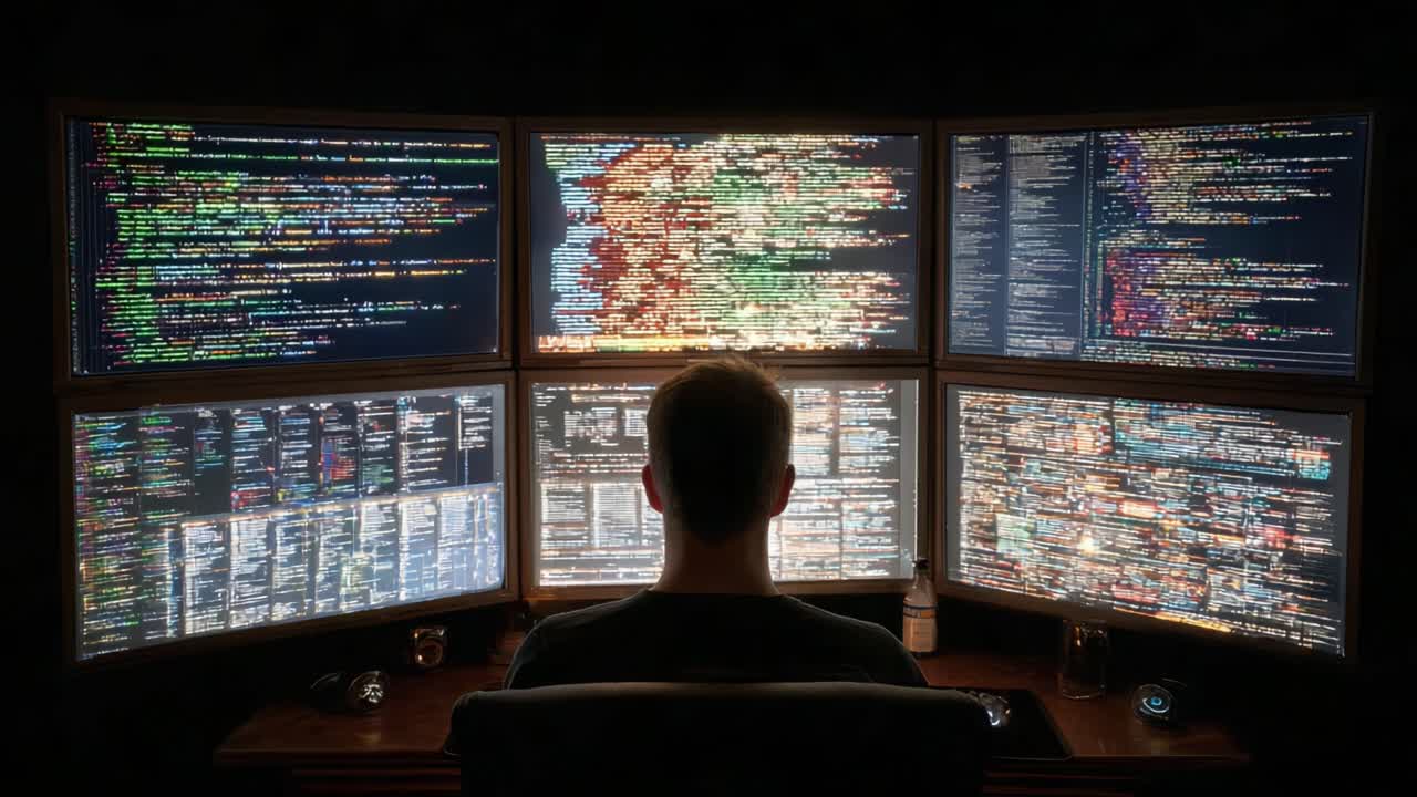 Et dybt dyk ned i programmering på flere skærme: En opslugt programmør analyserer komplekse kodevisninger på tværs af flere skærme i et mørkt miljø