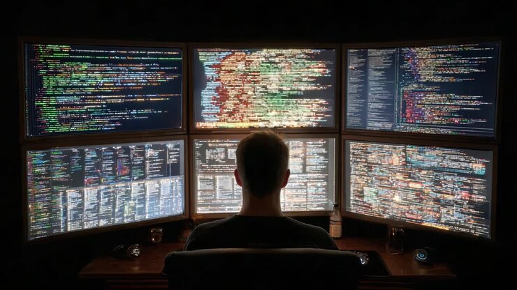Et dybt dyk ned i programmering på flere skærme: En opslugt programmør analyserer komplekse kodevisninger på tværs af flere skærme i et mørkt miljø
