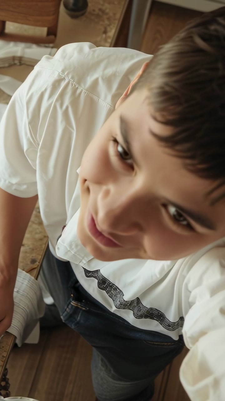 Vertical video: Tilting boy at home reacting to camera filming above, leaning on table with jar