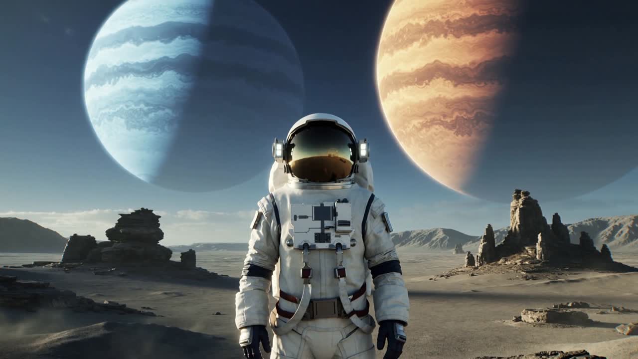Dolly bevæger sig, en dragtklædt astronaut står på en slette, mens indramningen strammes og afslører visir og planeter.