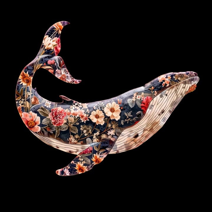 黒い背景を泳ぐ、花柄のアニメーション化されたザトウクジラ