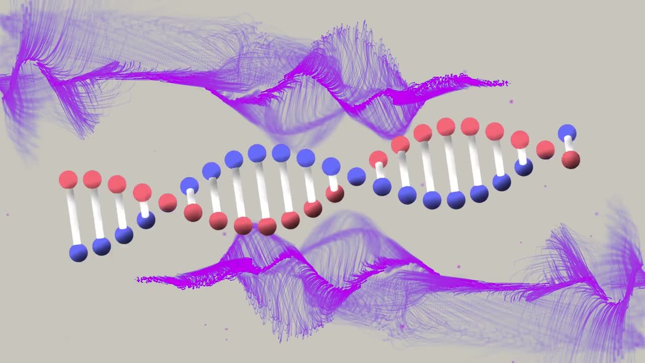 보라색 파동으로 베이지색 배경에 있는 dna 사슬의 애니메이션