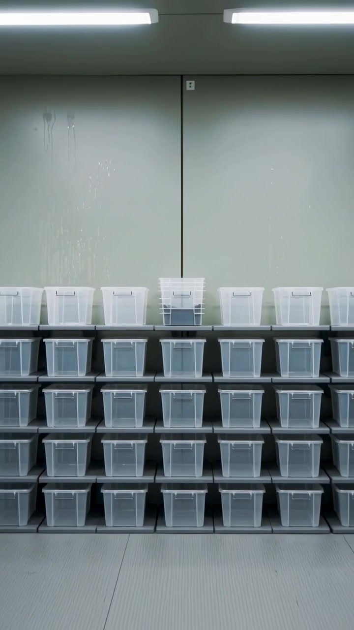 Vertical video: Camera pulling back to reveal center stack of clear bins on mid shelf, dark soil