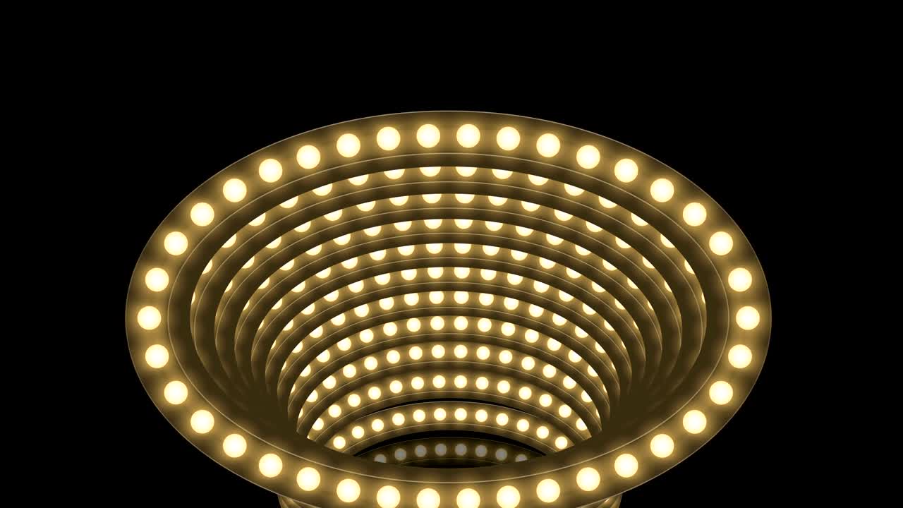 caja de bombilla incandescente de túnel marco de forma ovalada patrón móvil, estilo retro 3d ilustración de estilo virtual brillo en fondo oscuro animación de bucle sin costuras 4k, con espacio de copia