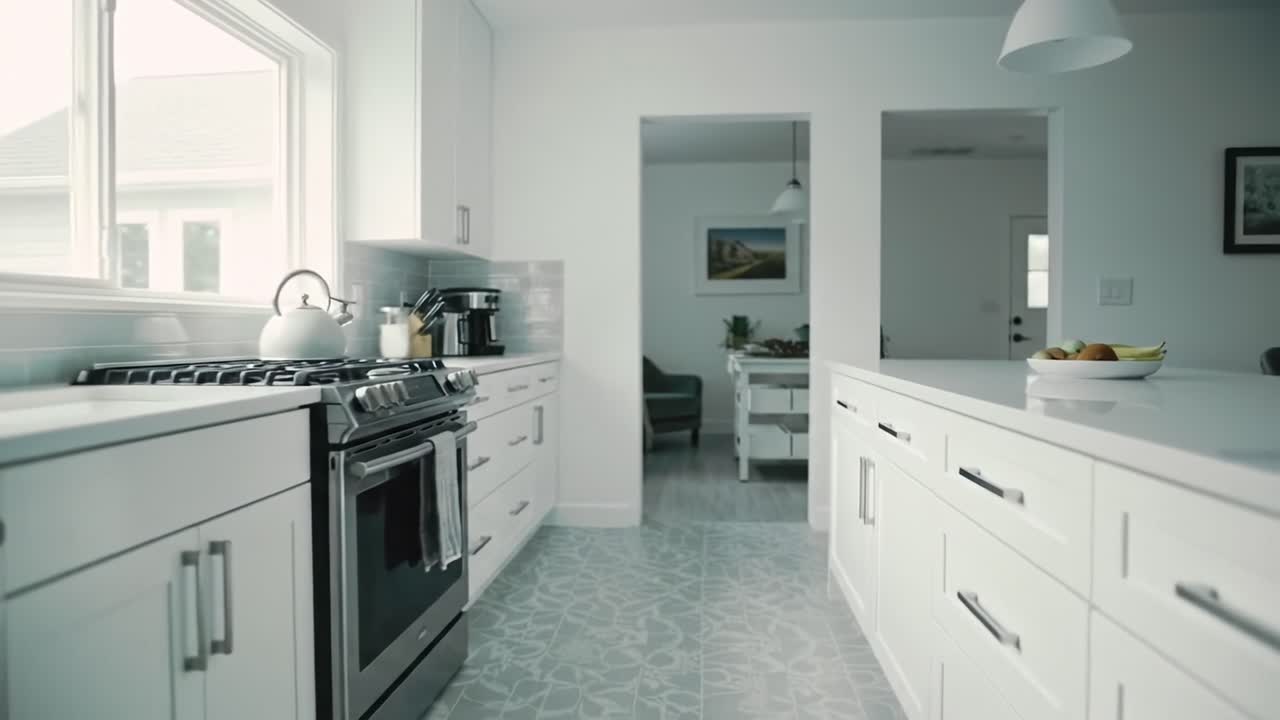 Modern Kitchen Interior with Sleek Design and Open Layout Showcasing Stylish Appliances and Light Color Palette for a Bright, Inviting Atmosphere