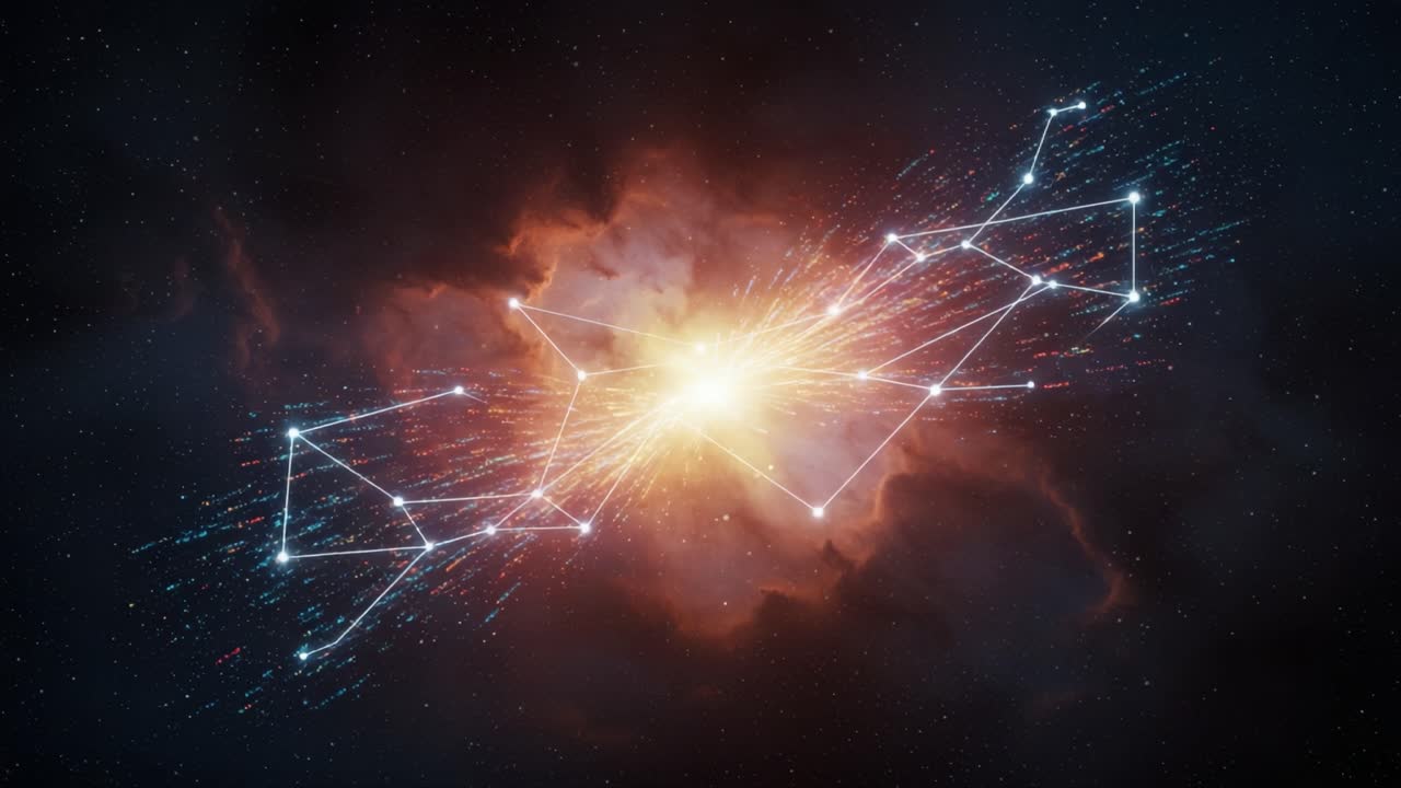 A Stunning Visualization of Cosmic Eruption: A Powerful Explosion Reshapes the Celestial Landscape, Illuminating Stars and Cosmic Dust in a Beautiful Display of Light and Energy