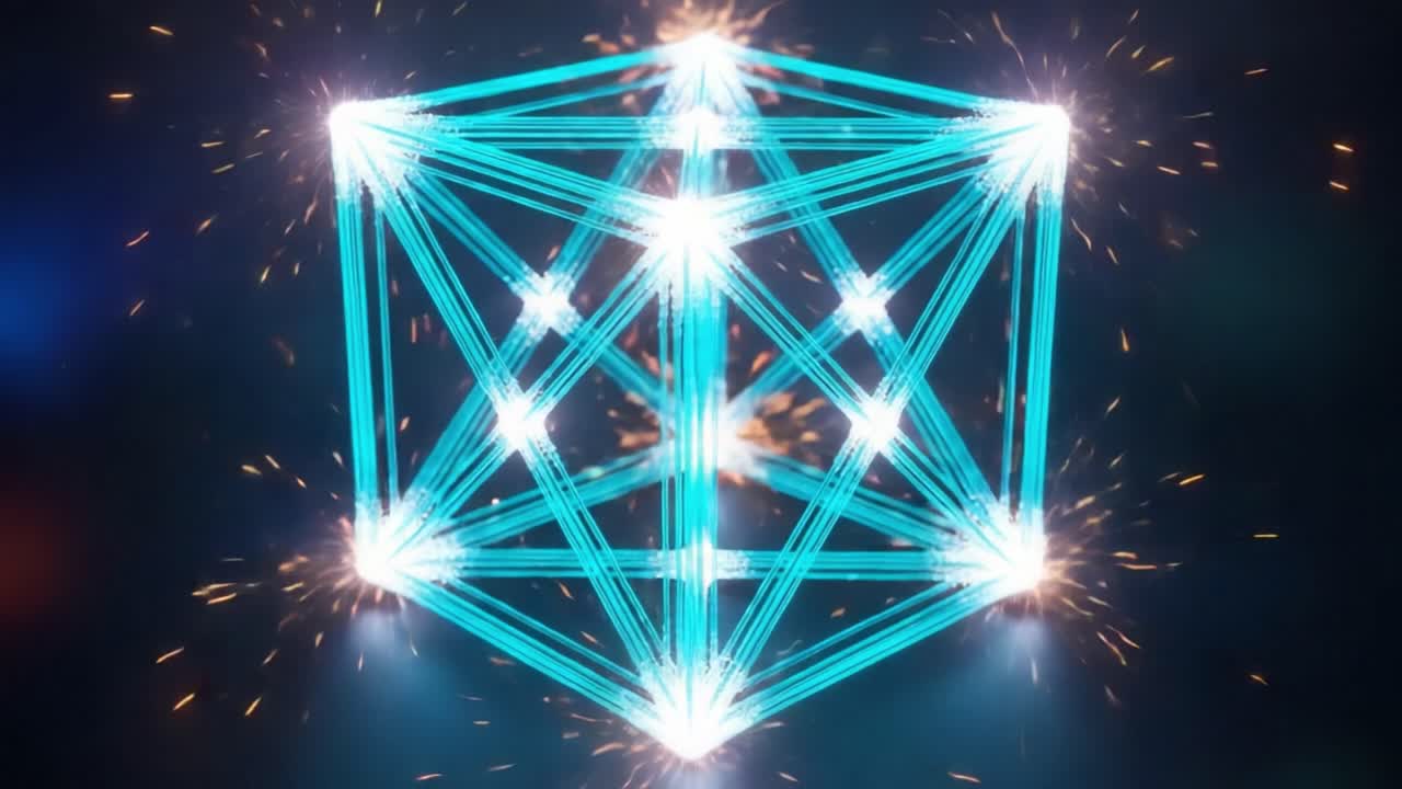 Captivating Geometric Structure Illuminated by Sparkling Effects, Showcasing a Complex Network of Lines and Shapes in a Vibrant, Dynamic Composition