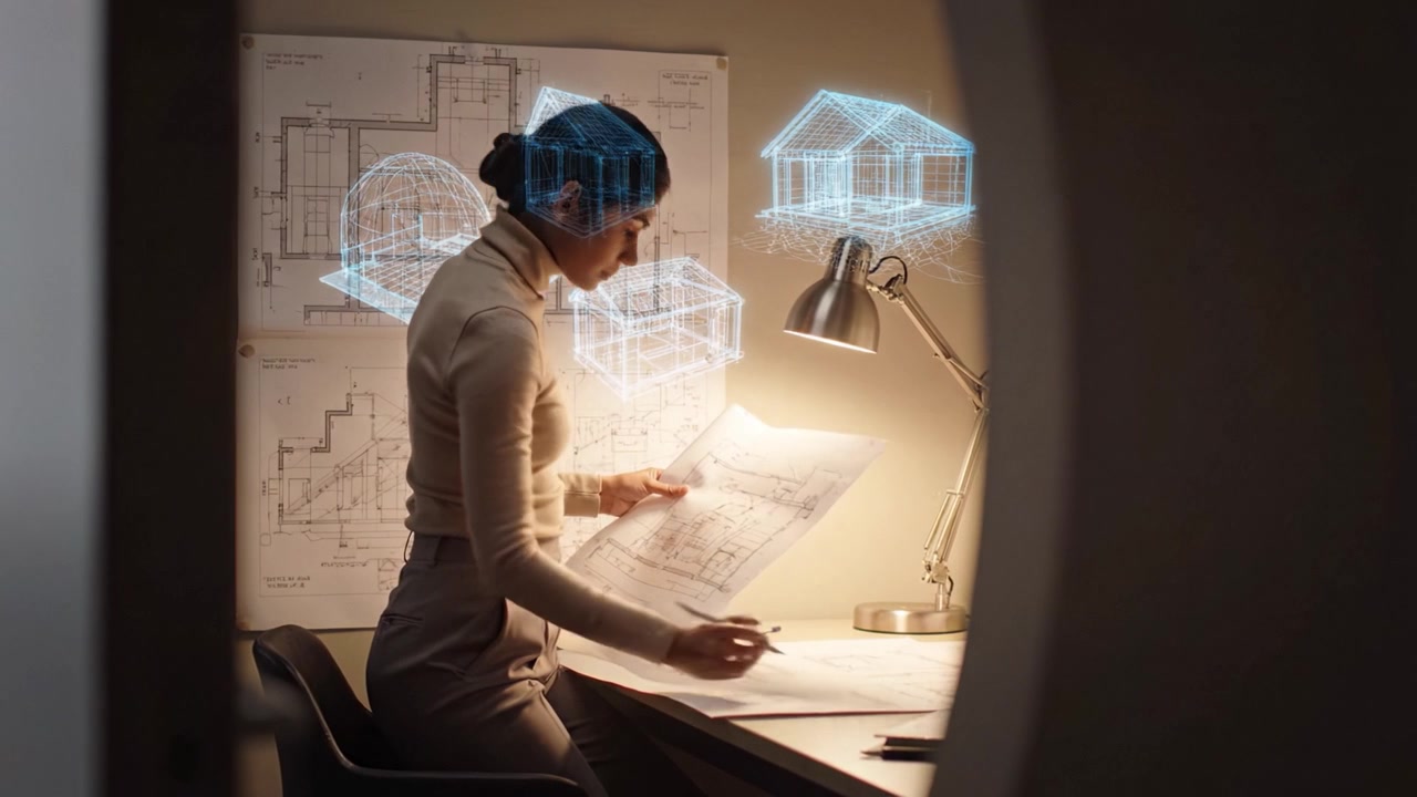 Architetto che analizza planimetrie e crea concetti di design in uno spazio di lavoro innovativo con tecnologia moderna e illuminazione a soffitto per una maggiore produttività