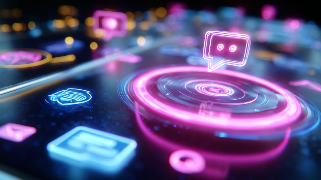 Illuminated Smart Device Interface with Interactive Elements Emphasizing Communication Features and Vibrant Design Aesthetics Conveying Modern Digital Technology and User Engagement through Eye-catching Graphics