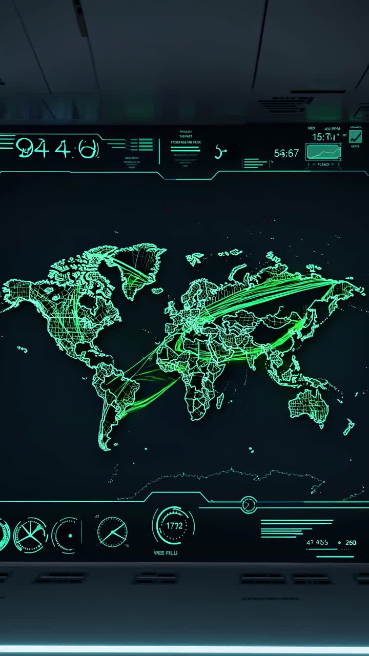 Futuristic video concept with a digital world map in neon green