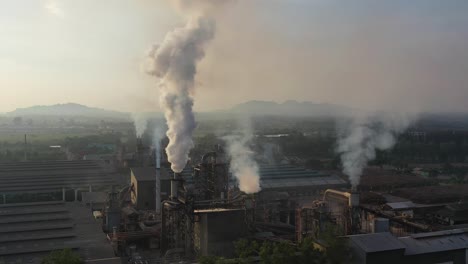 aerial view industrial plant with smoke pollution