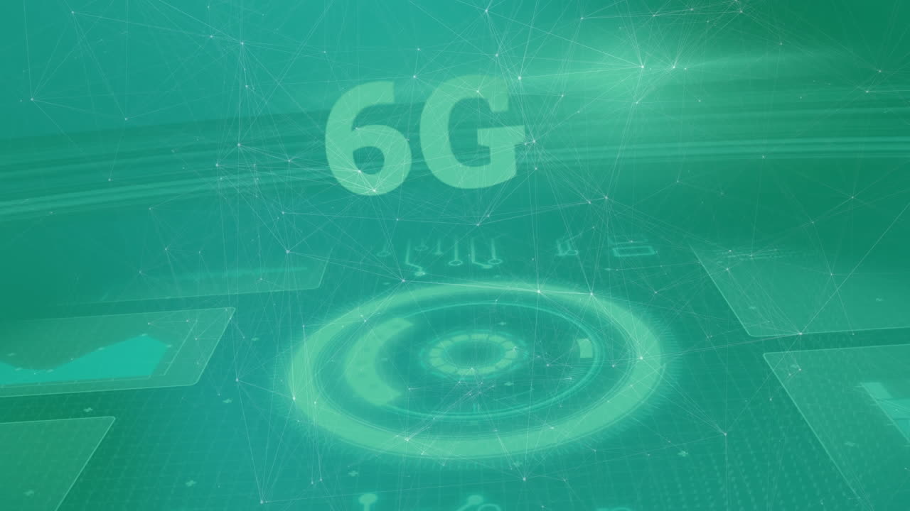 animación de texto de 6g, red de conexiones, procesamiento de datos con escaneo de alcance