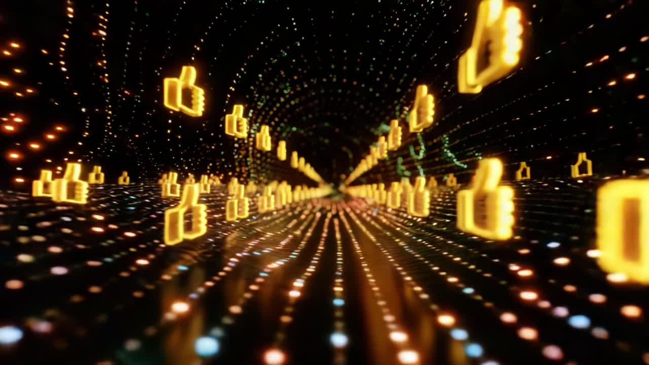 A Spiraling Tunnel of Glowing Thumbs-Up Symbols with Colorful Light Trails, Illustrating the Concept of Engagement and Online Interaction in a Digital Space of Connectivity and Virtual Community