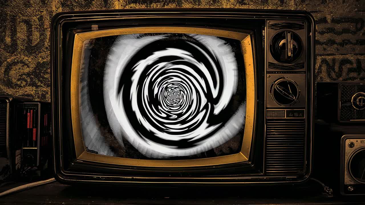 Televisore CRT vintage che proietta una spirale pulsante all'accensione in un angolo fioco con pila di cassette
