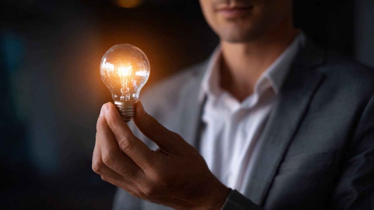 A man holding a glowing light bulb, symbolizing innovation, creativity, and bright ideas in a professional setting with a warm ambient background