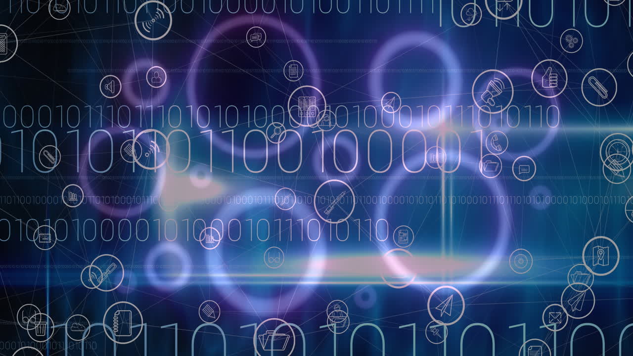 디지털 아이콘과 바이너리 코딩의 애니메이션이 배경에 보라색 빛나는 원 위에 있습니다.