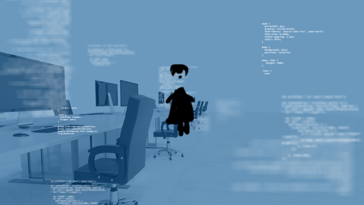 Animation of data processing and icon over desks with computers on white background