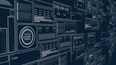 animation of digital data processing on screens over dark background