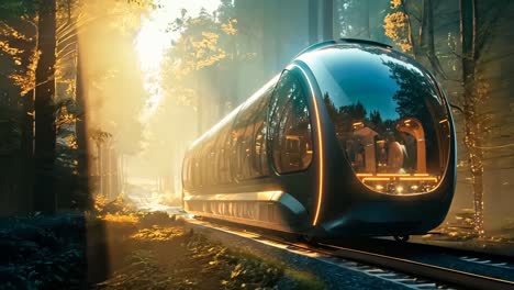 a futuristic train traveling through a forest filled with trees