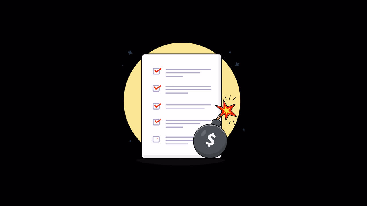 Checklist finanziaria animata con bomba a orologeria di denaro