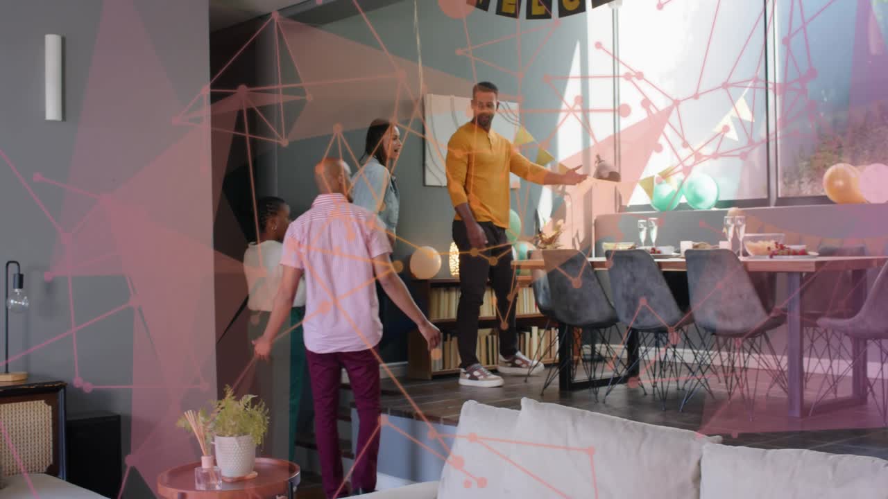 Woman pointing, group walking onto raised platform to view decor, pink overlay showing party decor
