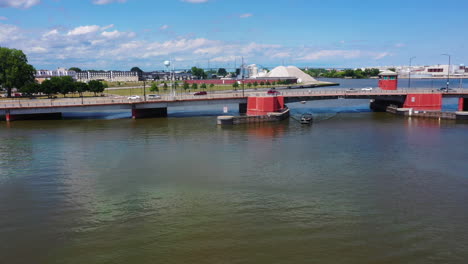 aerial view of traffic on the ray nitschke memorial bridge in sunny green bay, usa