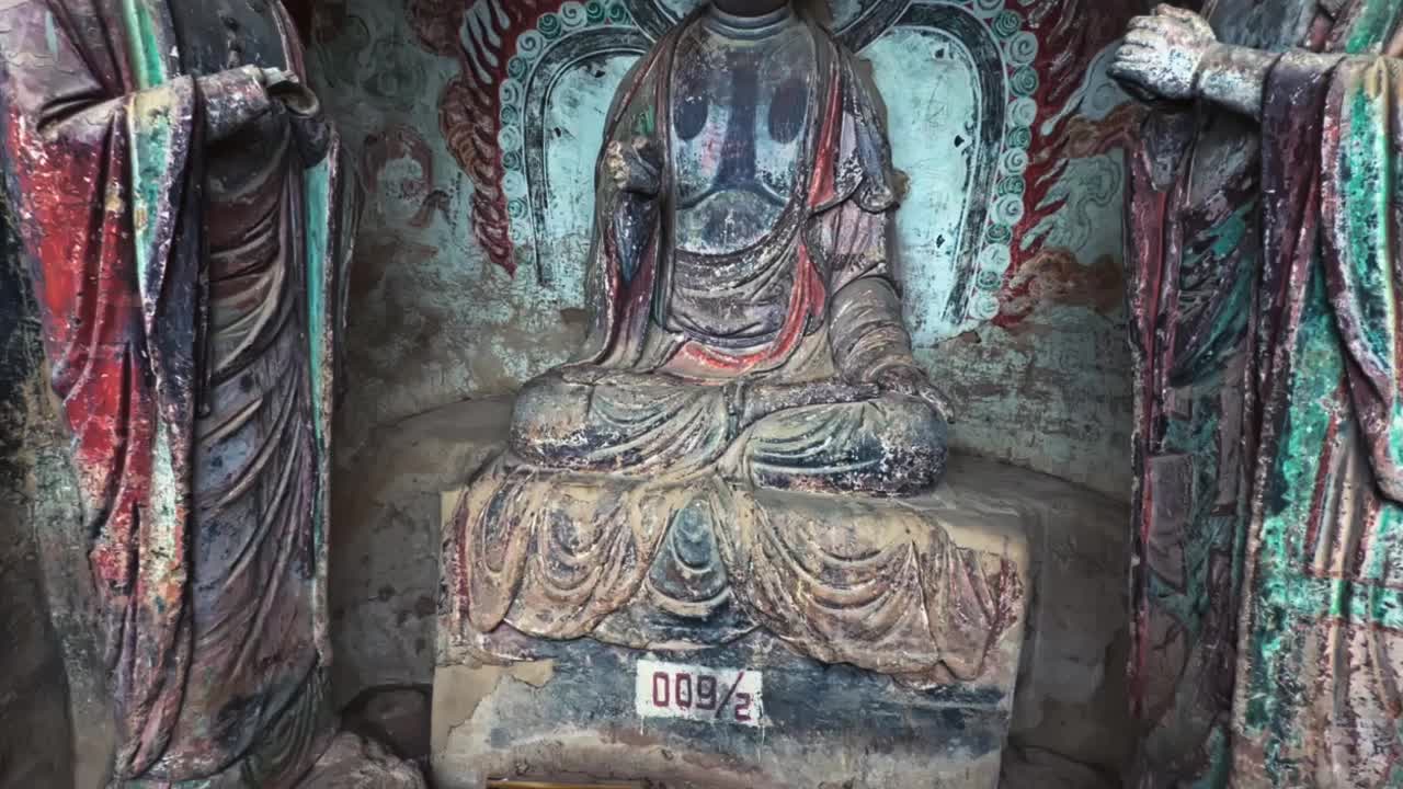 Clay Sculptures Within Maijishan Grottoes - 194 Rock Cut Caves In Tianshui, Gansu Province, China. Tilt-up Shot