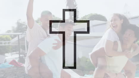 animation of black outline crucifix cross over happy diverse friends piggybacking in sun