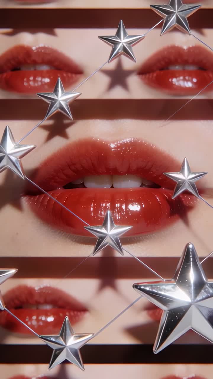 Labbra lucide rosse di una donna adulta che si dischiudono mentre l'obiettivo si sposta attraverso stelle d'argento per un effetto visivo.