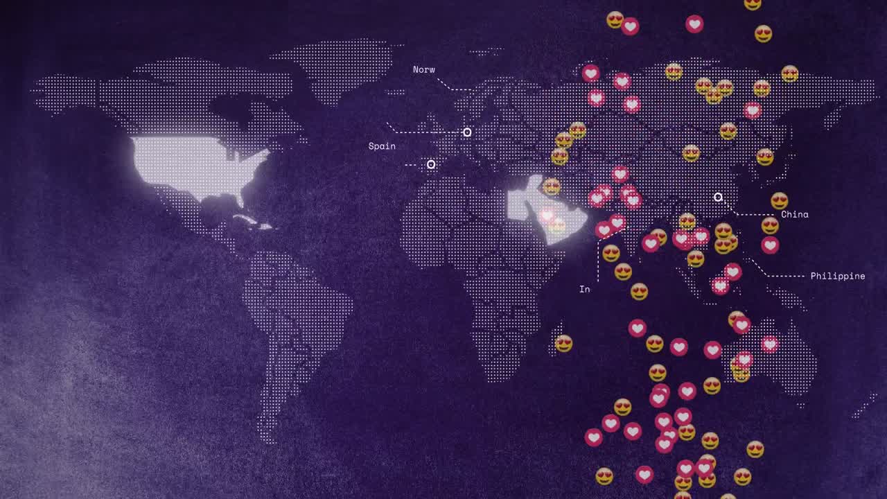 animación de corazones y emoticones sobre múltiples textos y mapas contra un fondo abstracto