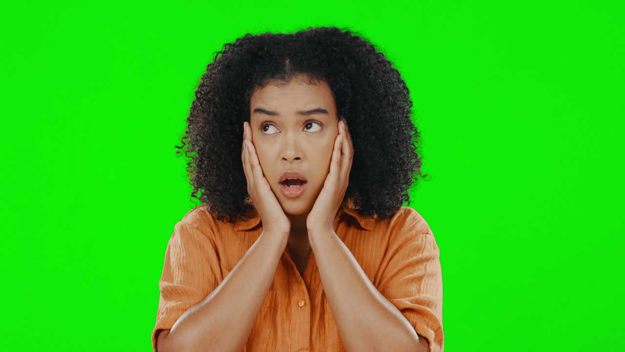 cara, wow y retrato de una mujer en una pantalla verde