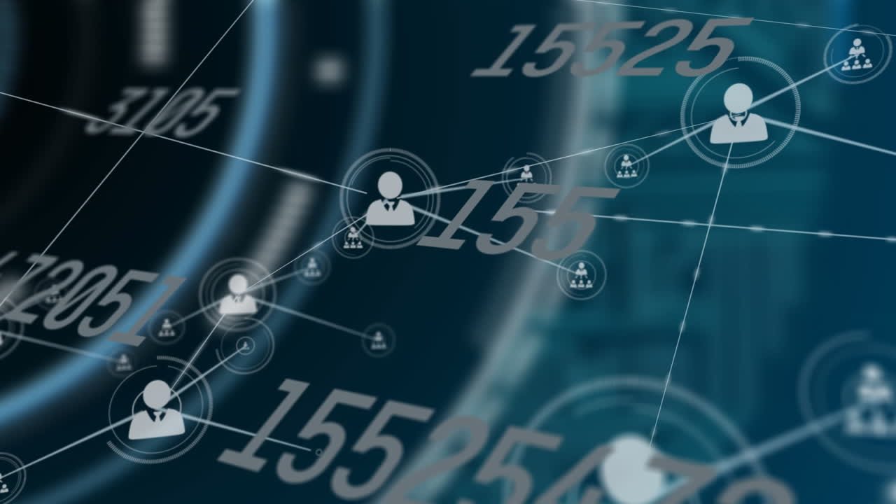 Animazione di una rete di connessioni con icone ed elaborazione dati.