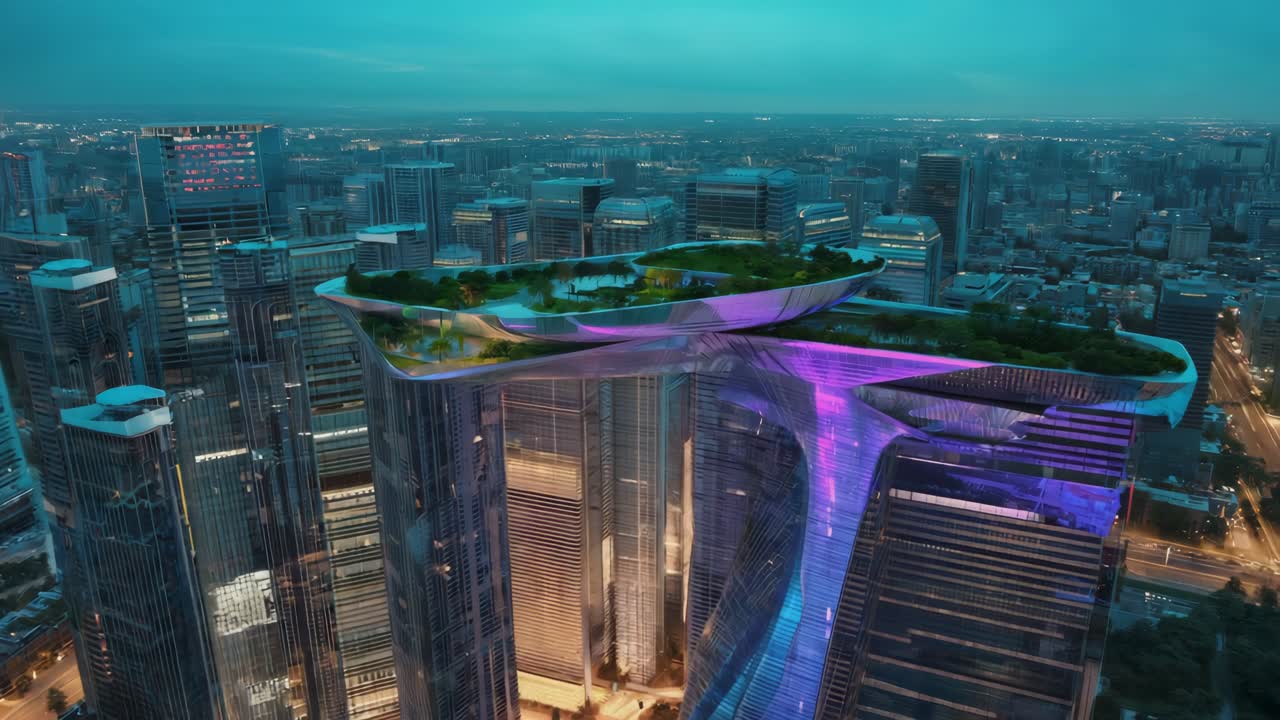 Futuristic Cityscape with Rooftop Garden and Modern Architecture
