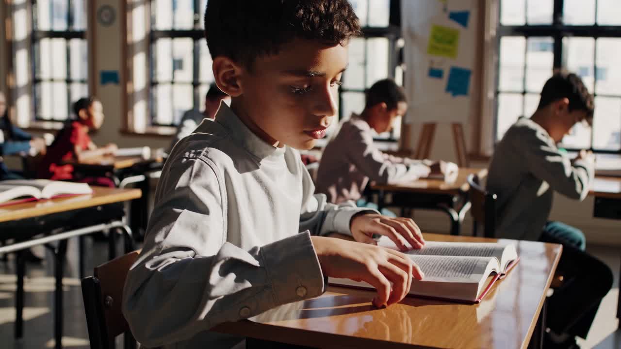 Video of a focused student reading in a sunlit classroom, capturing a serene learning atmosphere