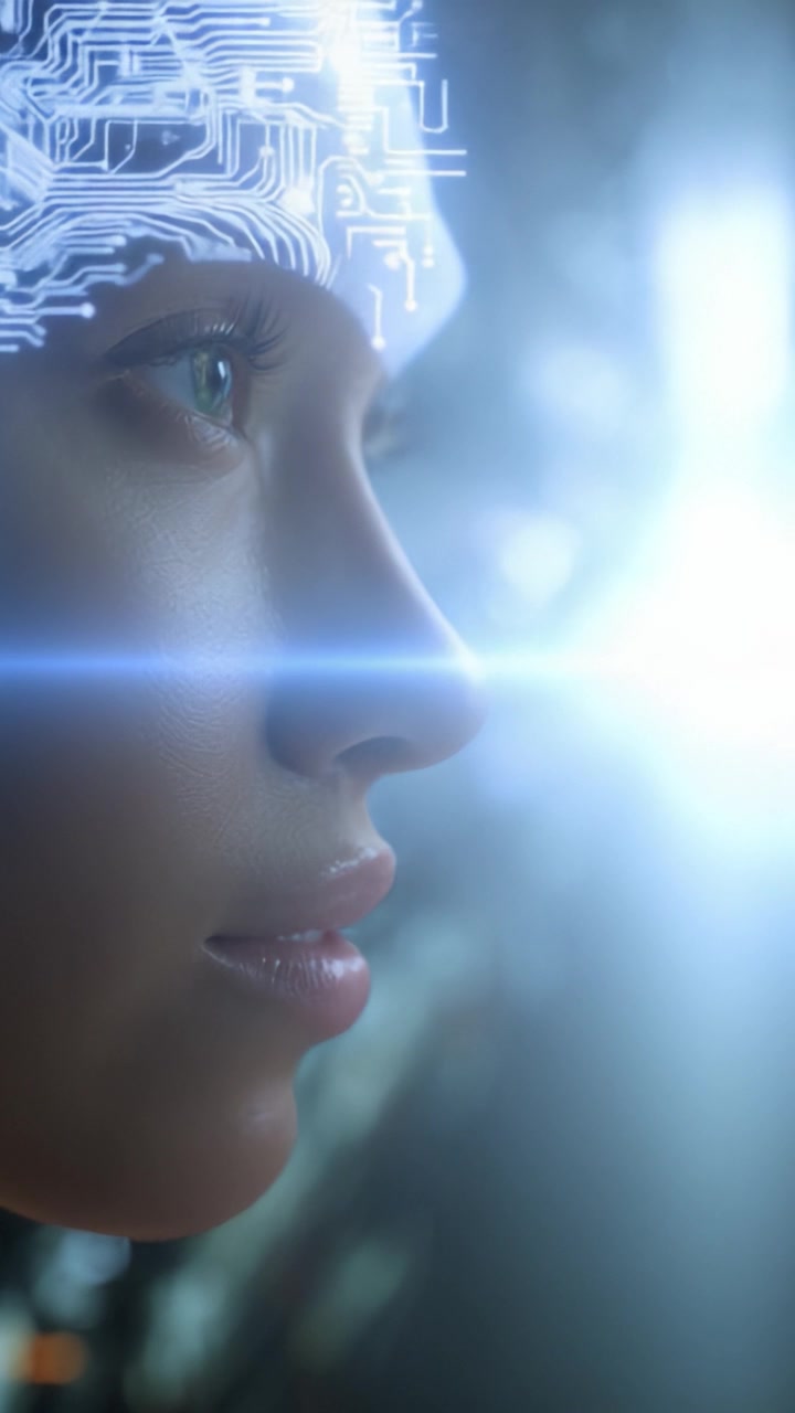 Un primo piano di una donna futuristica con circuiti luminosi sulla fronte, che mostra un'interfaccia avanzata collegata alla sua mente in un ambiente ad alta tecnologia.